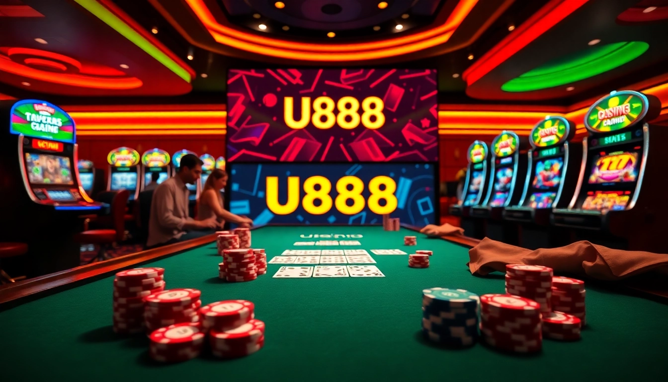 Engage with thrilling games at U888, featuring vibrant poker chips and modern casino tables.