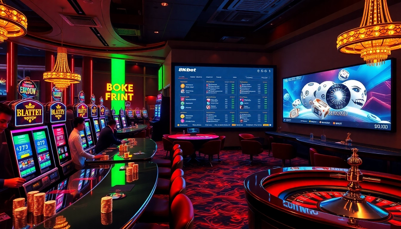 Experience the thrilling excitement of 8kbet with vibrant casino tables and immersive gambling elements.