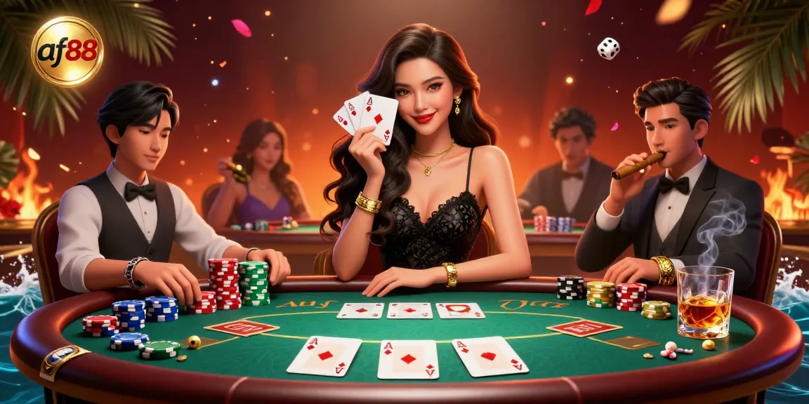 Experience thrilling gameplay at af88 with an elegant dealer showcasing poker excitement in this vibrant casino scene.