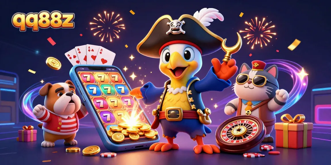 Boost your wins with qq88z in this dynamic casino-themed illustration featuring engaging characters and exciting games.