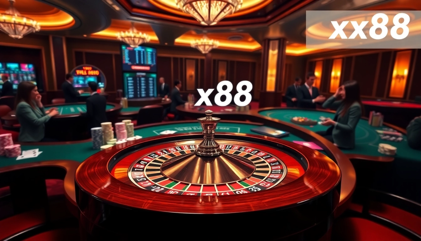 Excited players engaging with the online gambling platform xx88 at a luxurious casino table.