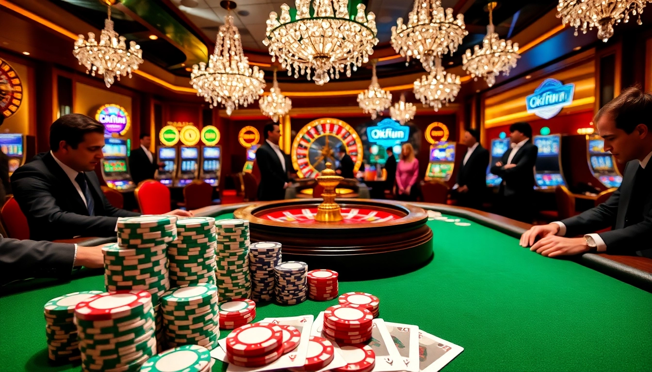 Engaging scene of players competing at the okfun poker table with stacked chips, vibrant roulette wheel in background.