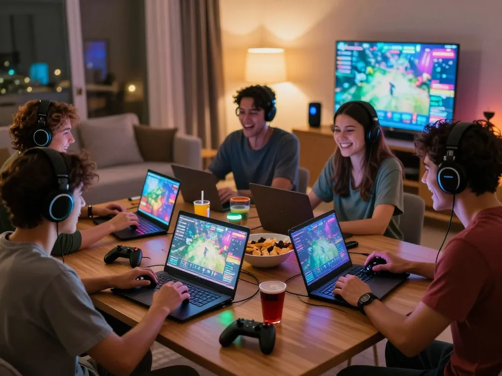Friends enjoying an exciting k88 gaming session at home with vibrant atmosphere and interactive devices.