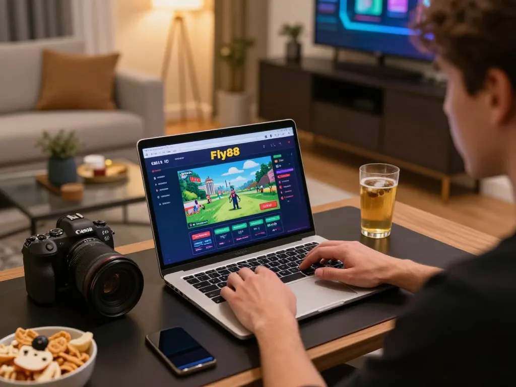 Player enjoying the fly88 online casino game on a laptop in a cozy home setting, emphasizing strategic gameplay