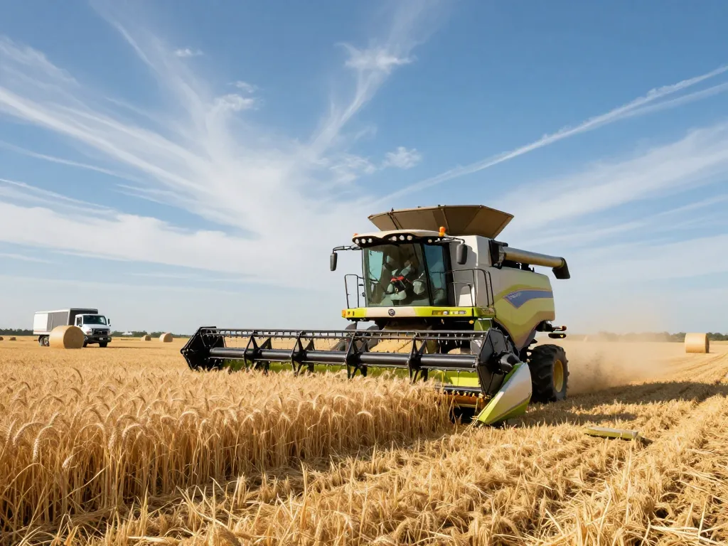 New Holland TR88 combine harvester working in golden wheat fields during harvest season