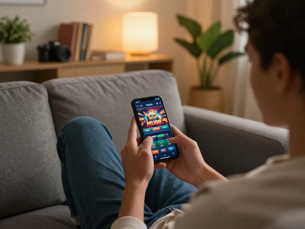 Engaging smartphone usage for MU88 online casino gaming in a cozy home setting