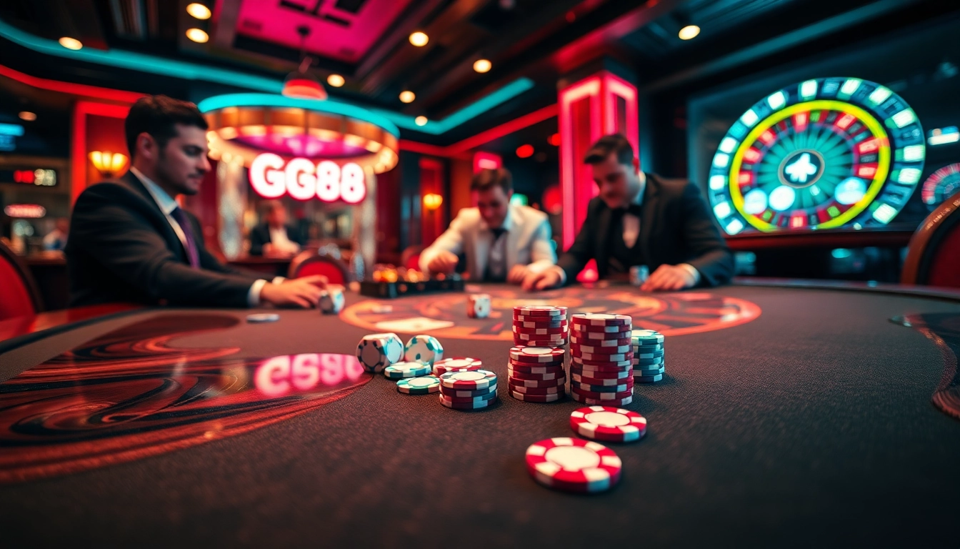 Experience high-stakes poker at GG88 with vibrant casino atmosphere and colorful chips.