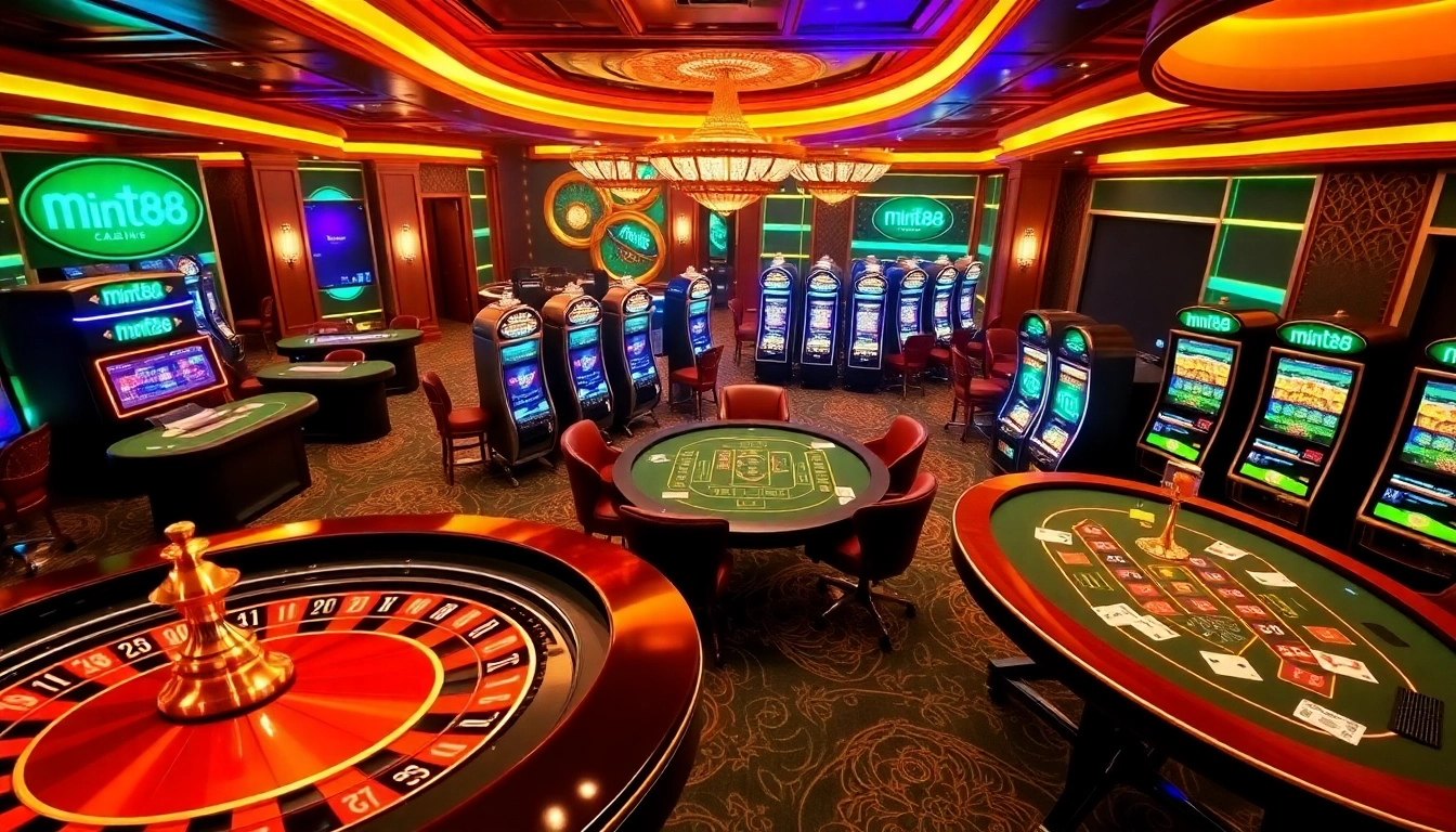 Mint88 players enjoying vibrant casino games with roulette and slots.