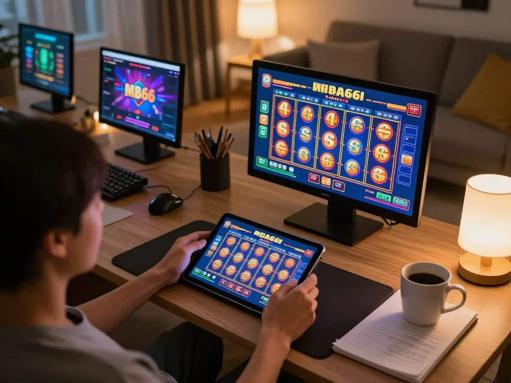 Experience mb66 gaming action on a tablet in a cozy living room, showcasing vibrant slot machine gameplay
