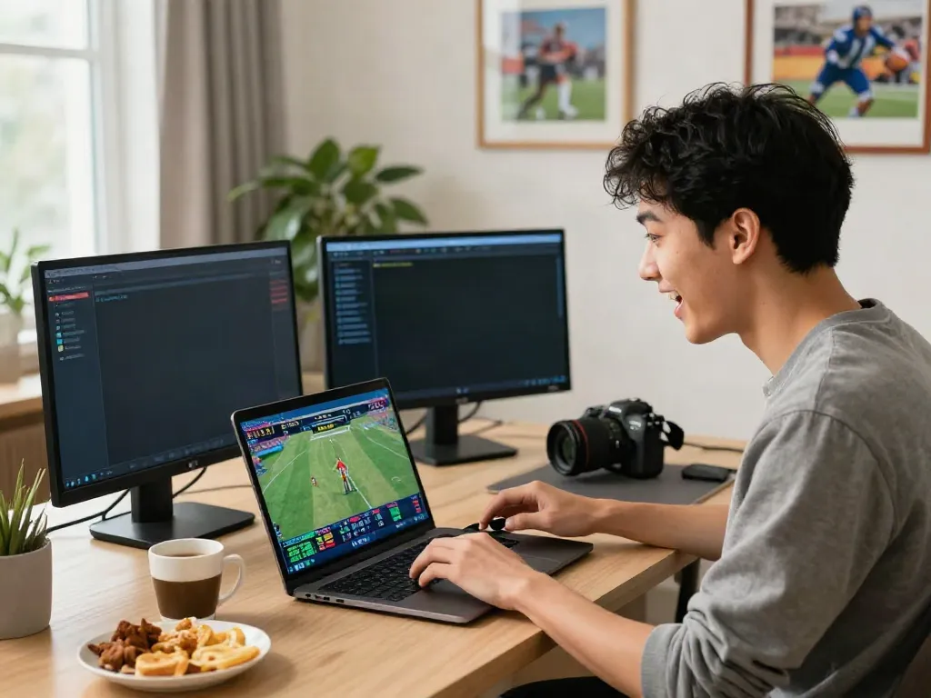 Player engaging with live betting options on 11 bet platform in a vibrant home office.