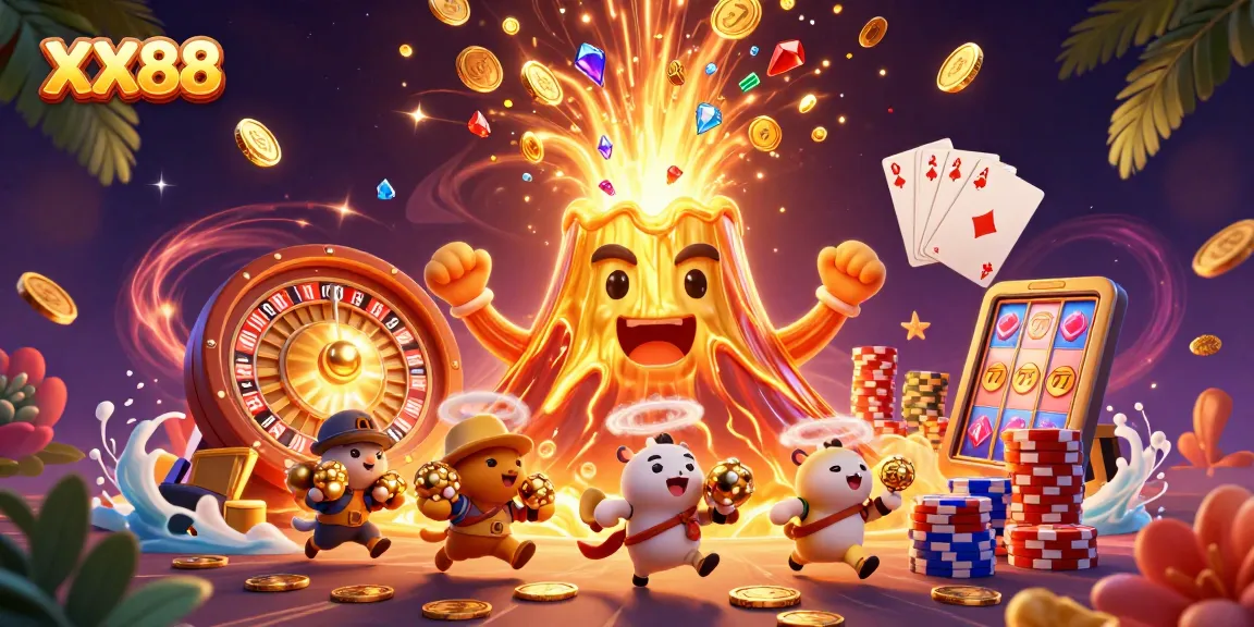 Experience thrilling wins at XX88 with an erupting golden volcano and treasure-filled adventure in this vibrant casino illustration.