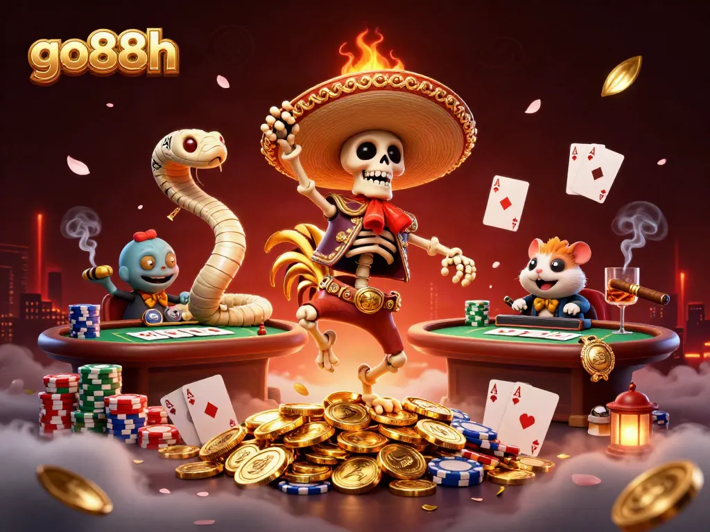 Experience the excitement at go88h with a lively casino scene featuring animated characters in a vibrant atmosphere.