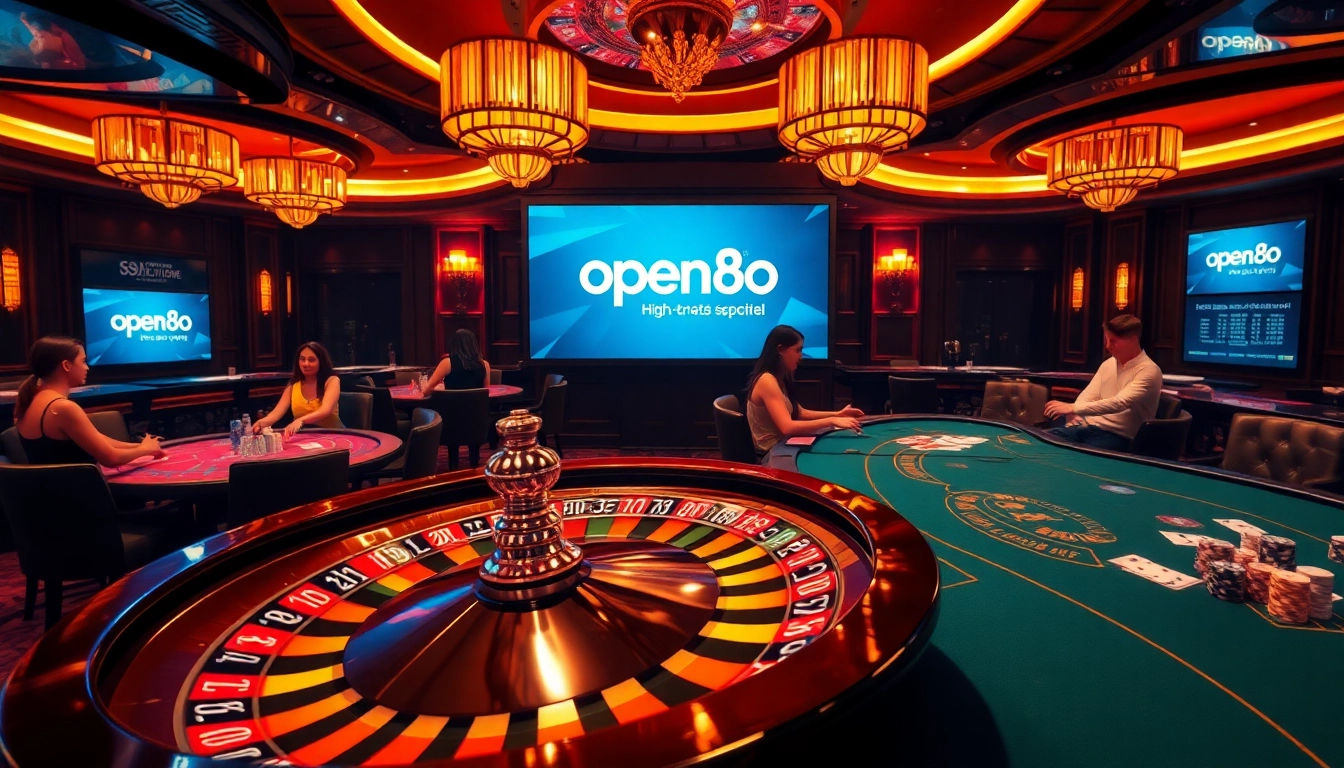 Engage in thrilling gameplay at open88.info featuring elegant casino tables and vibrant roulette wheel.