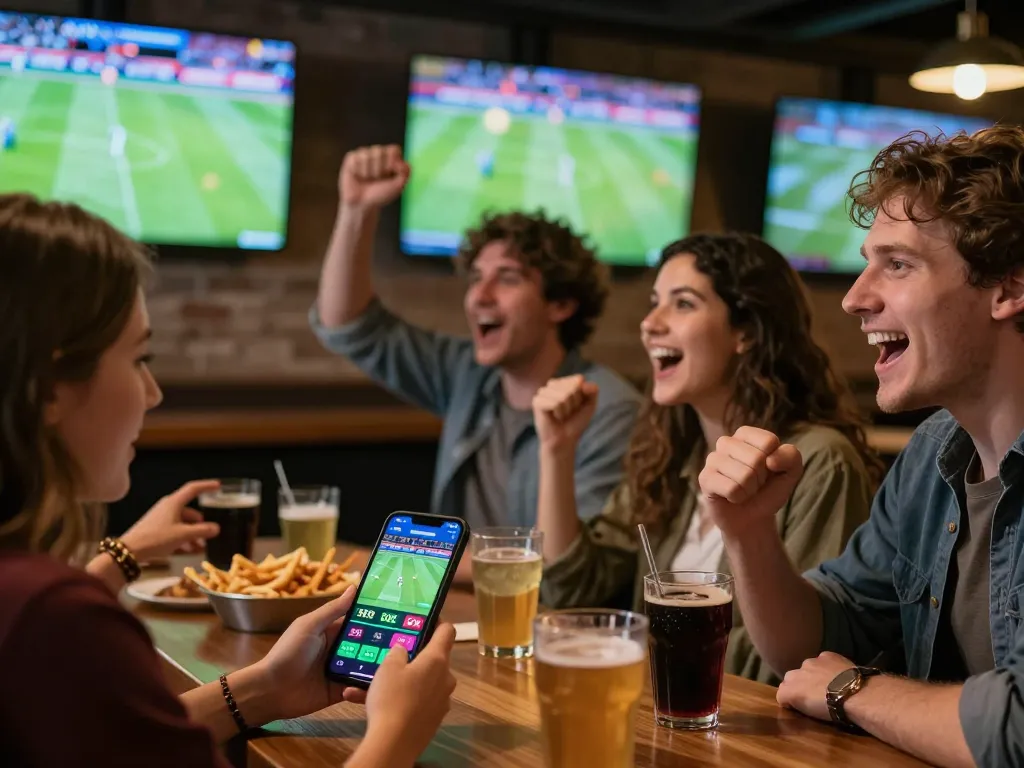 Engaged friend placing live sports bets using mobile app at tip88 in lively sports bar.