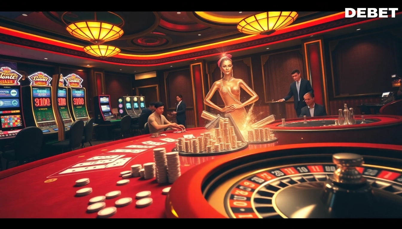 Engaging gamblers at Cổng Game DEBET with vibrant slot machines and table games.