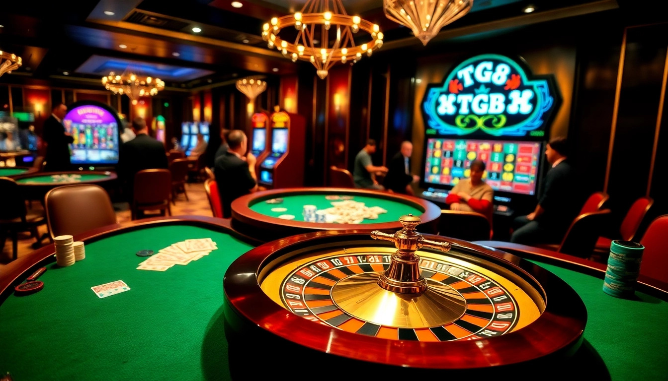 TG88 players joyfully engaging at a vibrant casino table with roulette and poker chips.