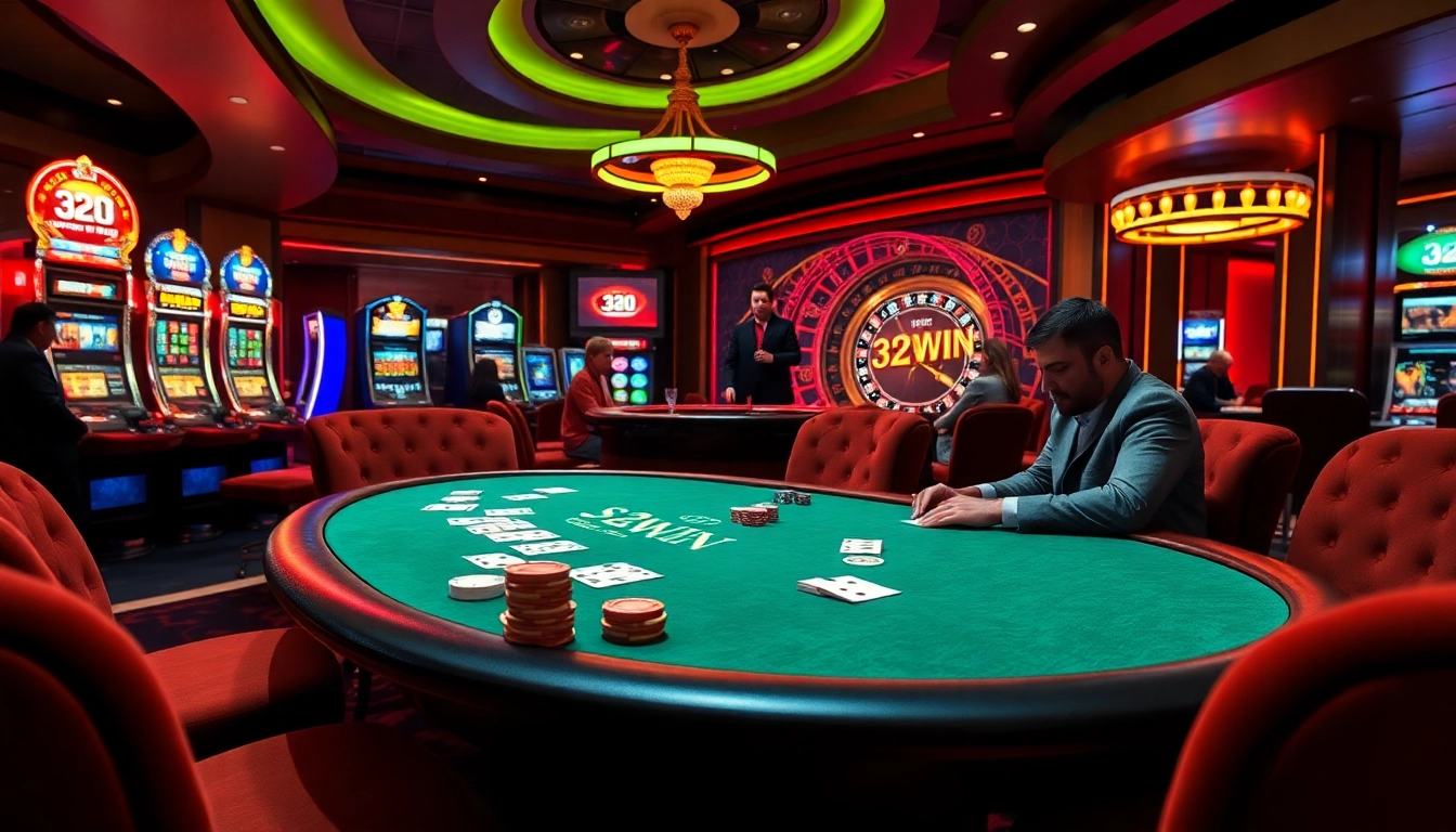 Exciting poker game at a luxurious casino table featuring 32WIN brand elements for gamblers.