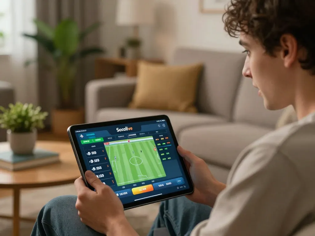 Socolive user placing bets on football matches through a tablet in a cozy home setting