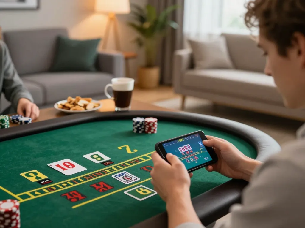 Player enjoying live dealer baccarat on smartphone in cozy home, experiencing O8 platform.