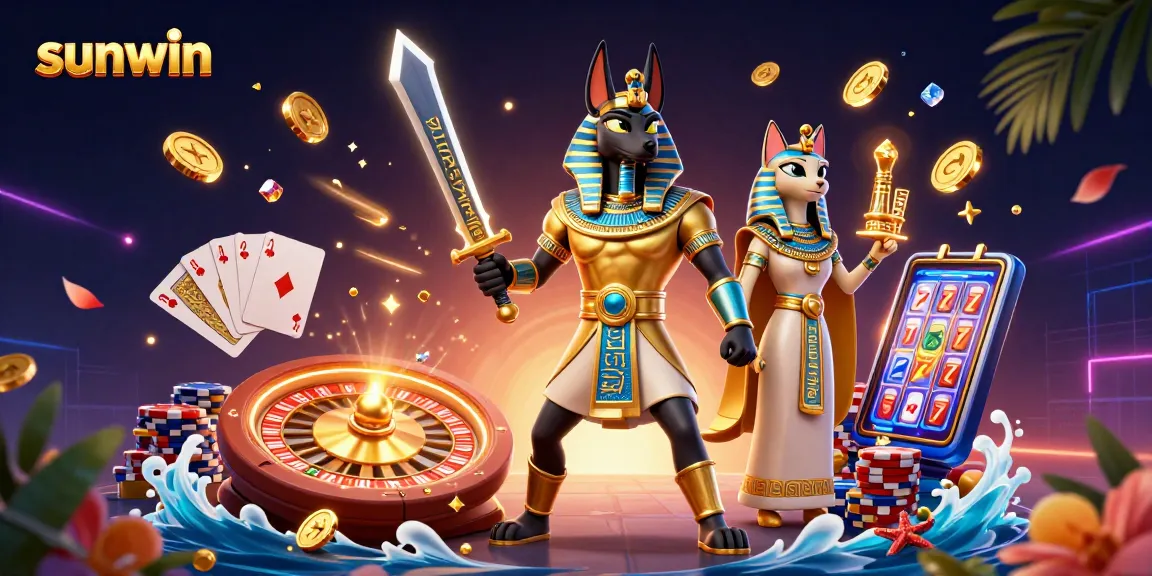 Win big with sunwin as Anubis and Bastet celebrate luck in a dynamic casino scene.