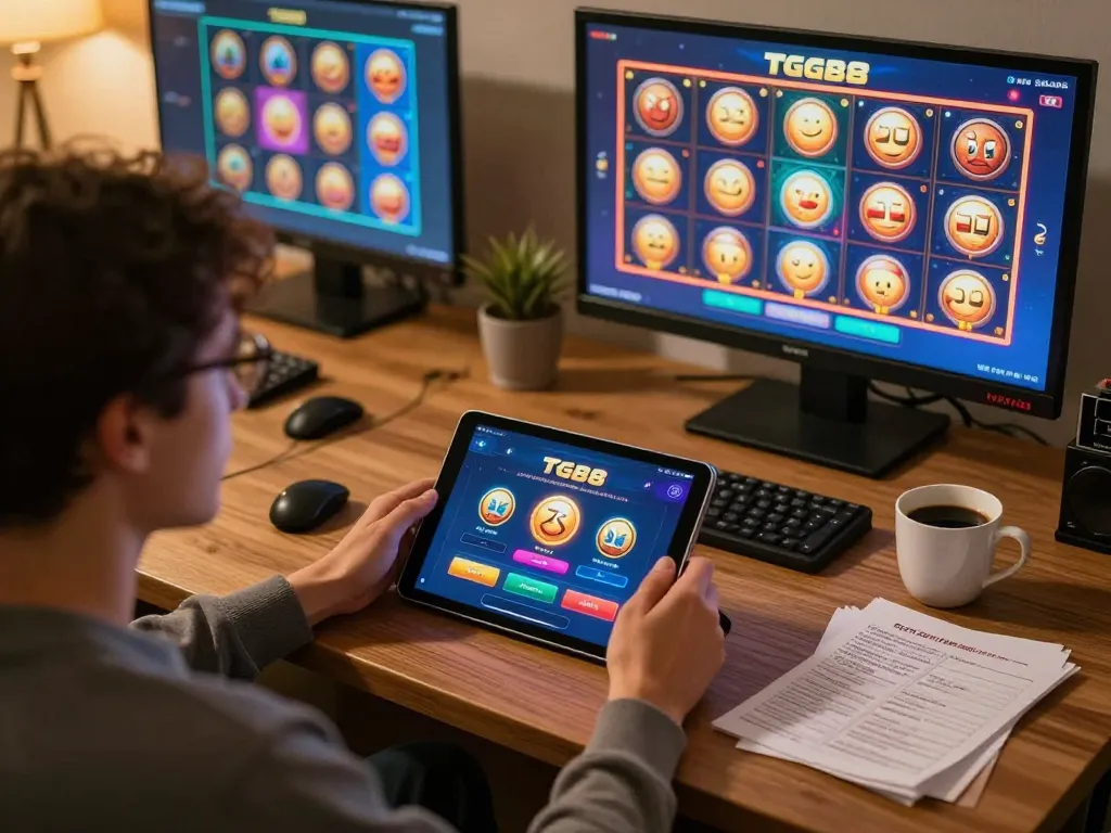Player enjoying the TG88 casino app on a tablet, showcasing online gaming at home in a cozy atmosphere.