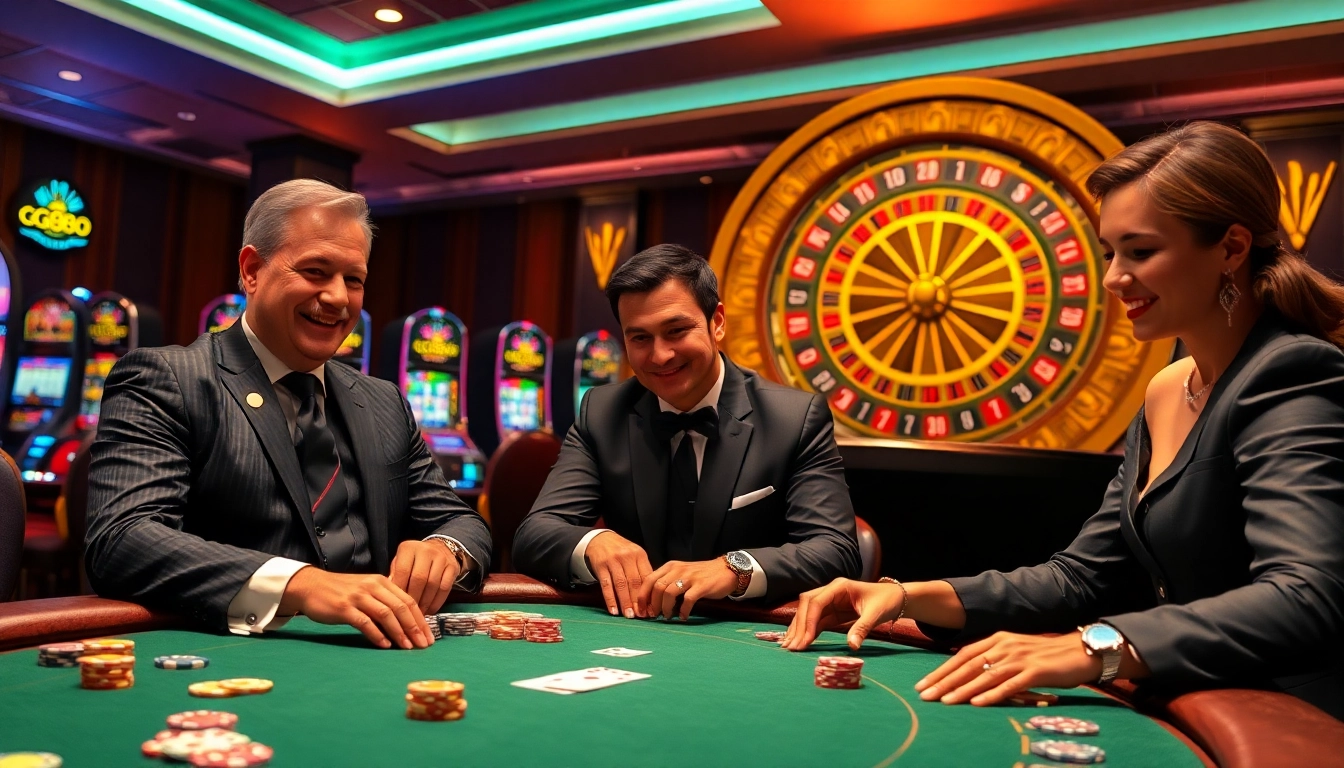 Exciting scene of players engaging in high-stakes gambling at GG88 casino, showcasing poker chips and stylish decor.