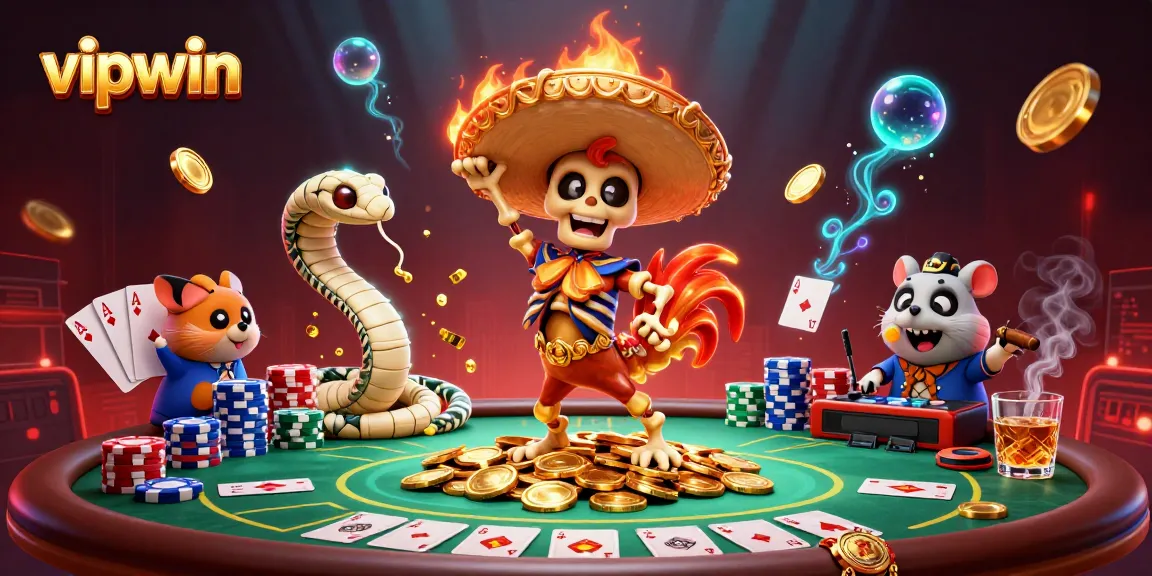 Experience the thrill of vipwin with 3D characters dancing amidst vibrant casino elements.