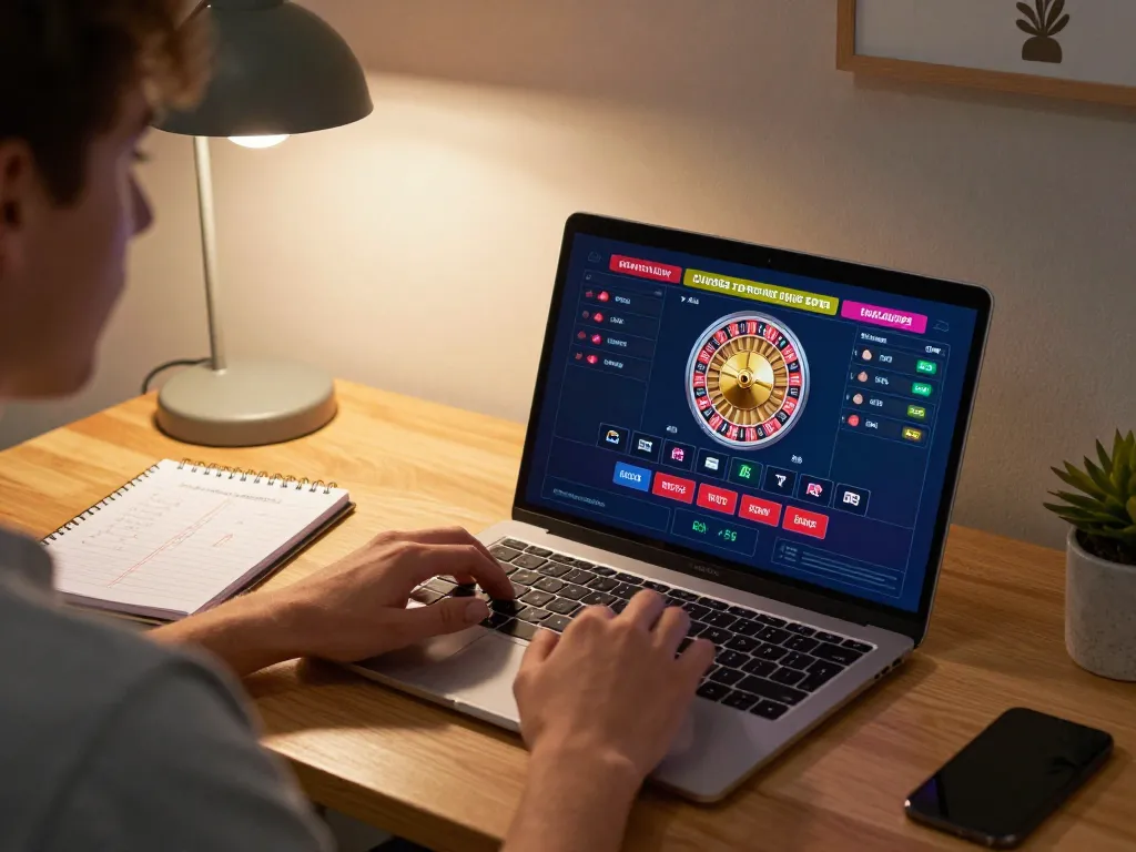 Engaged player enjoying mb66-t roulette game on laptop in stylish home office.