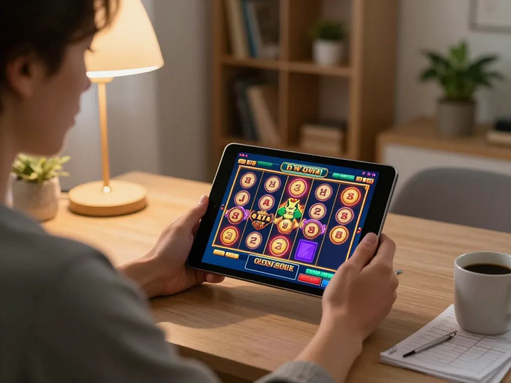 Engaging in slot games on kp88 in a cozy home gaming setup with vibrant graphical interface.