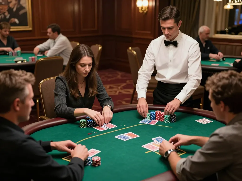 Poker players engaged in a competitive game at fly88 com's upscale casino tables, showcasing intense strategic moments.