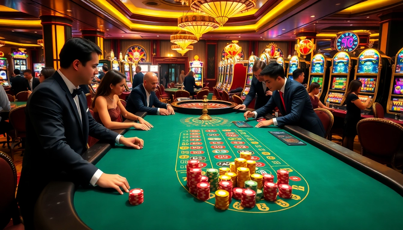 Experience thrilling gameplay at tabet's luxurious casino environment filled with colorful poker tables and vibrant slot machines.