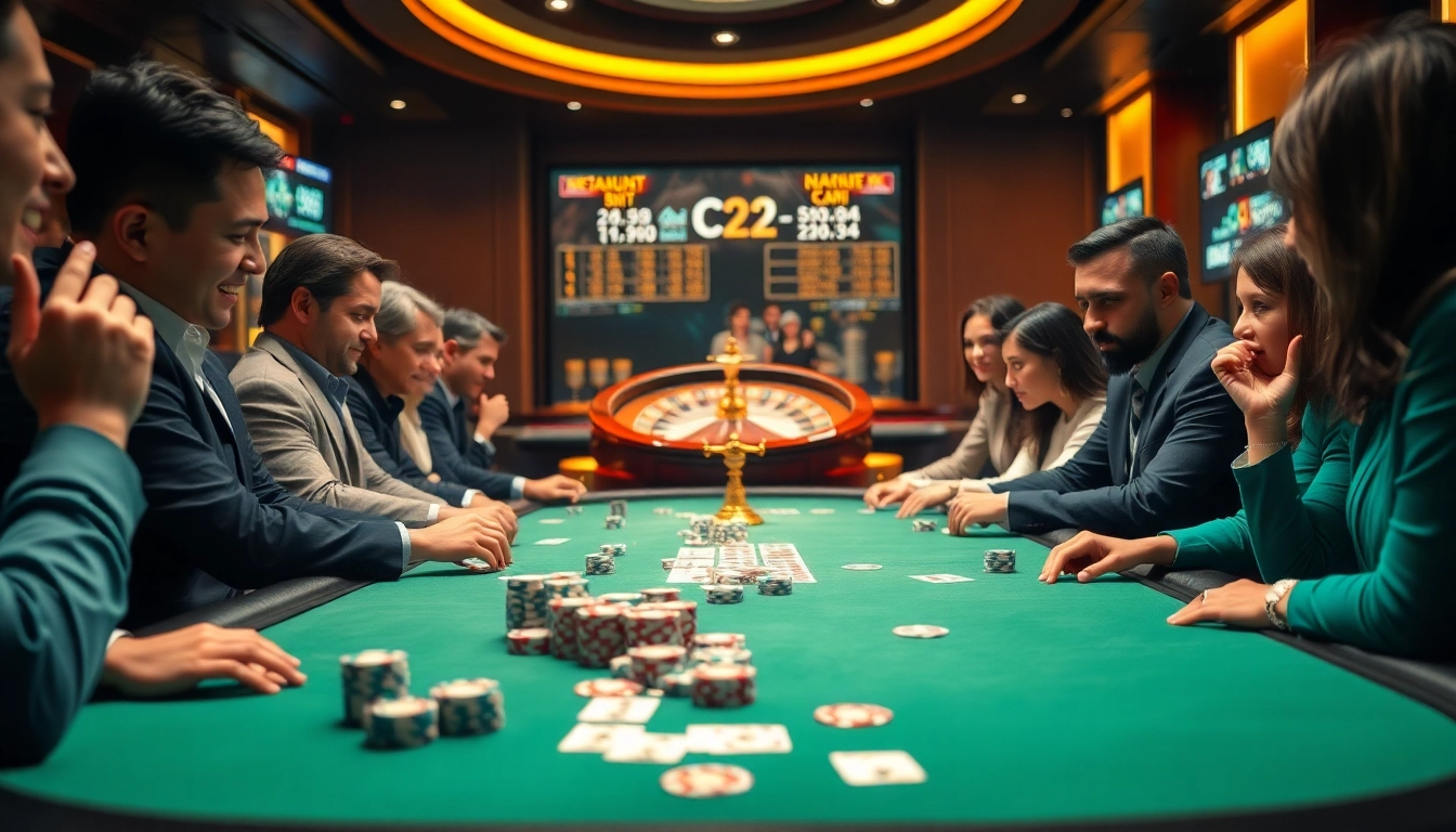 Players strategizing at a high-stakes poker table while reviewing tỷ lệ nhà cái displays.
