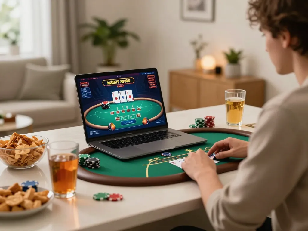 Win138 player enjoying an online poker game at home, showcasing interactive gameplay.