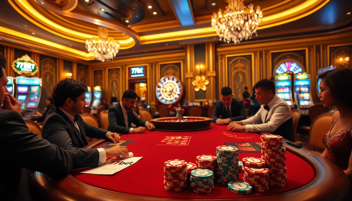 Experience thrilling gameplay at 77bet with a luxurious casino scene featuring poker and roulette.