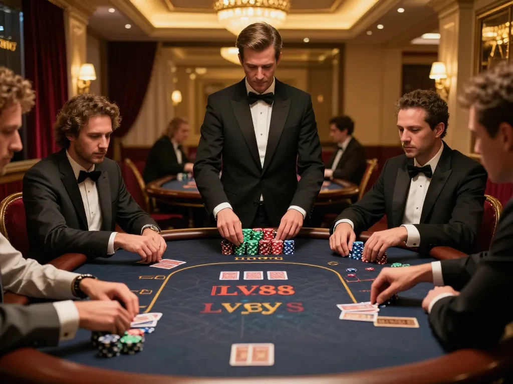 Players engaging at an LV88 poker table with strategic gameplay in a luxurious casino atmosphere.
