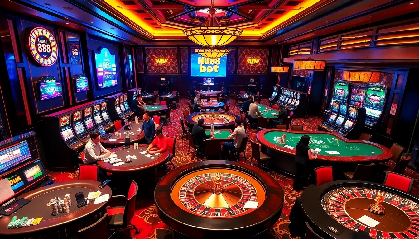 Engaging scene of players enjoying the HU88 bet experience at upscale casino tables.