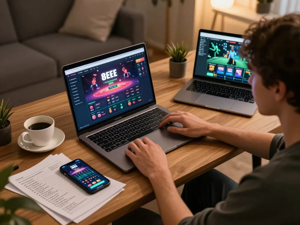 Players enjoying immersive gaming on 8EEE casino app, cozy home setup with laptop and strategy notes.