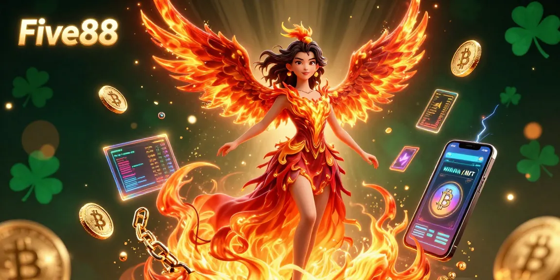 Experience thrilling games at Five88 with stunning visuals featuring a phoenix, crypto coins, and vibrant energy.