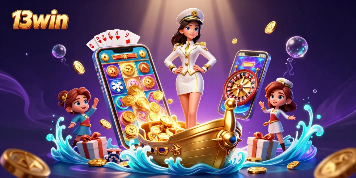 Play exciting casino games at 13win while surrounded by vibrant golden elements and engaging illustrations.