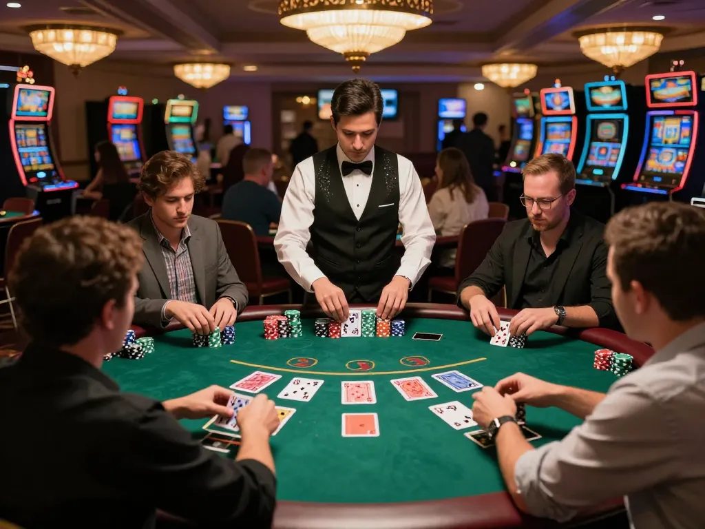 Experience the thrill of rr88 blackjack with players engaged in a high-stakes game at an upscale casino.