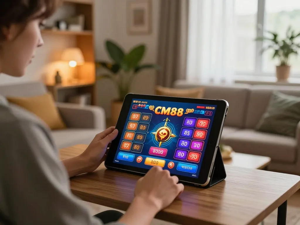 Engaging in cm88 online casino games with a tablet in a cozy living room.