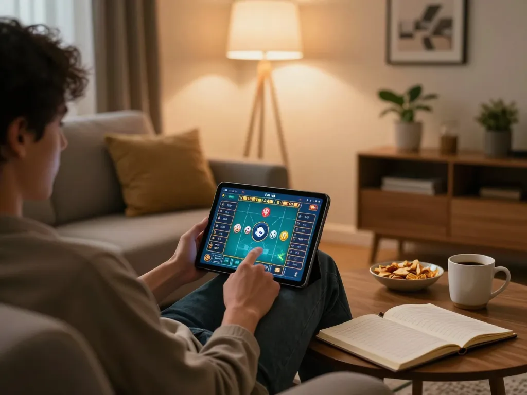 Tài xỉu online gaming session in a cozy living room with a user on a tablet and strategy notes on the table.
