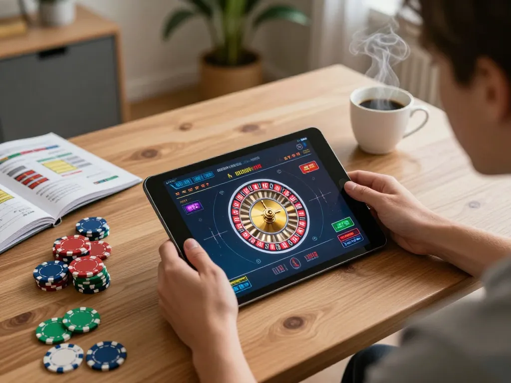Engaging online gambling experience at home with a person playing roulette on a tablet, nhacaiuytinn featured.