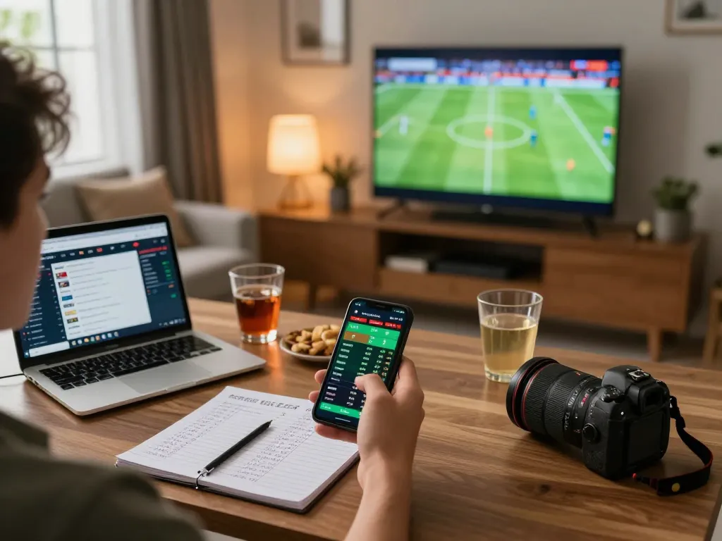 Engaging in sports betting with 7m live odds on a smartphone, snacks, and strategy notes in a cozy setting.
