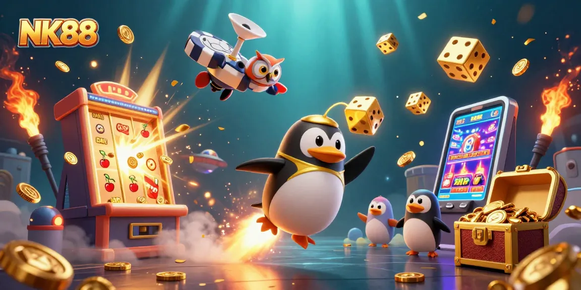 Experience the thrill of winning with NK88 as golden coins explode from a slot machine amidst vibrant casino elements.
