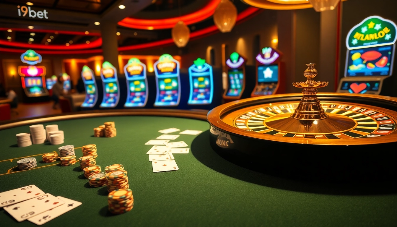 Experience thrilling i9bet gameplay with poker chips and a dazzling roulette wheel.