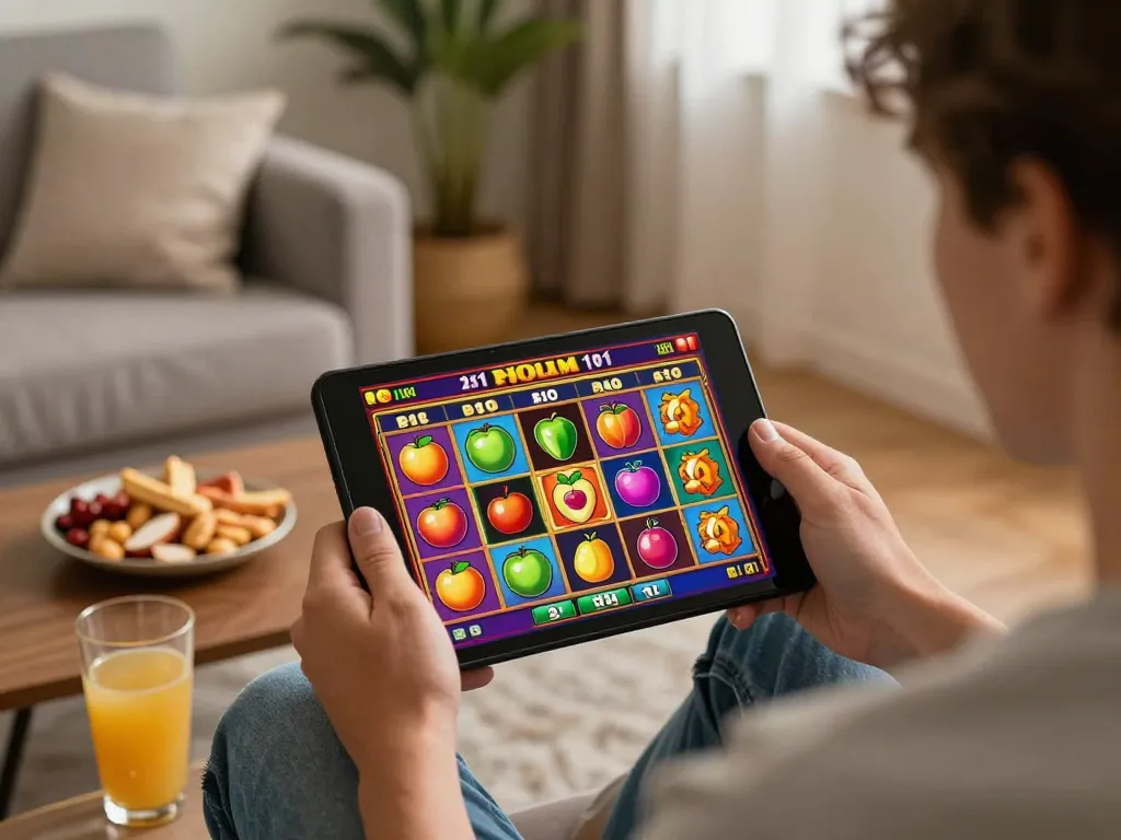 Player enjoying OnBet's slot games on a mobile device in a cozy home setting.
