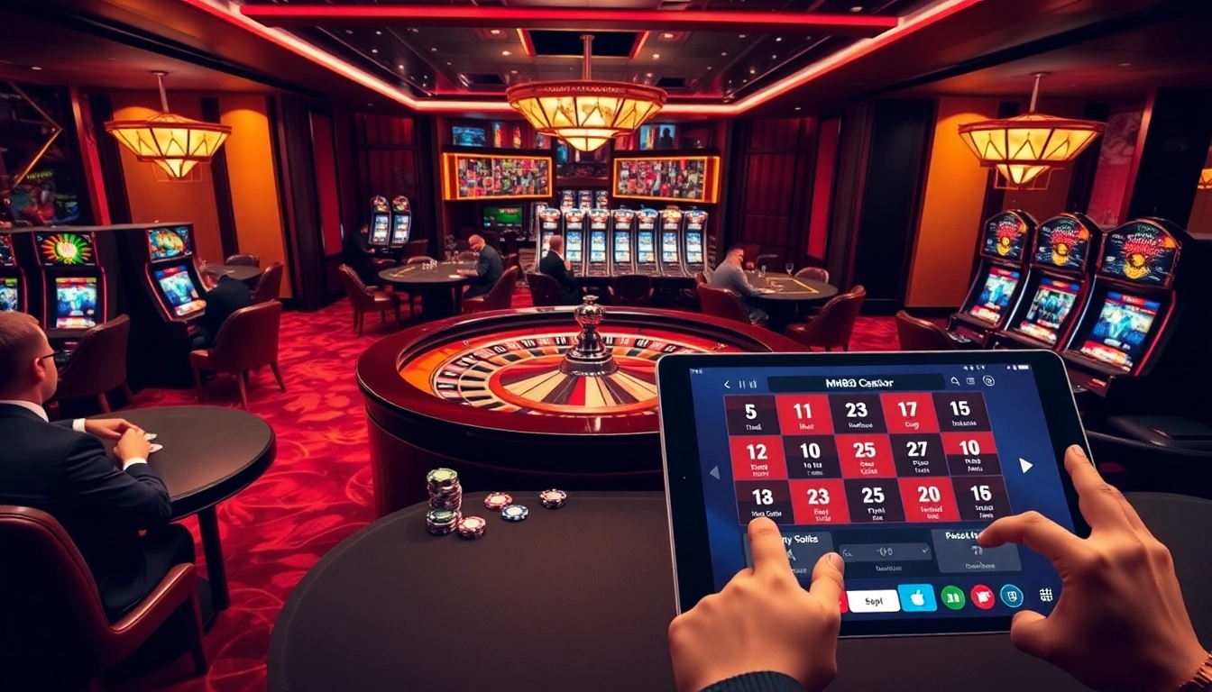 The thrilling atmosphere of a casino with roulette, poker tables, and an online gambling interface from https://mm88.center/ enhancing the excitement.