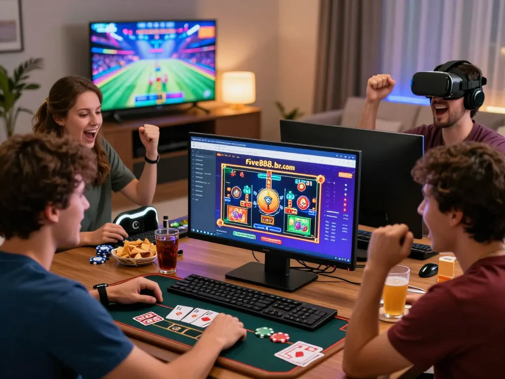 Friends enjoying online gaming at https://five888.br.com/ with chips and drinks in a cozy setting.