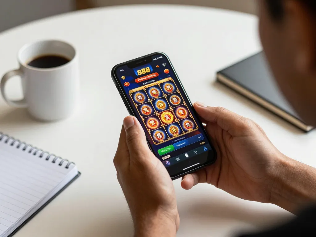 Playing the 888b casino app to explore exciting online gaming options on a smartphone.